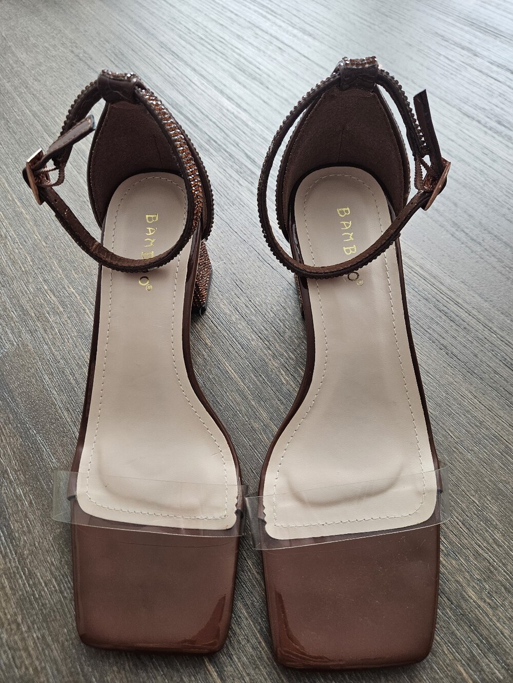 Bamboo Women's Brown Clear Vinyl Square Toe Strappy Ankle Heel Sandals Size US 7